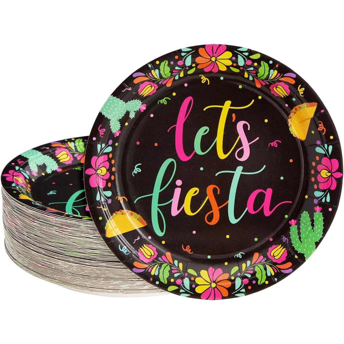 Let's Fiesta Paper Party Plates for Cinco de Mayo (Black, 9-Inch, 80-Pack)