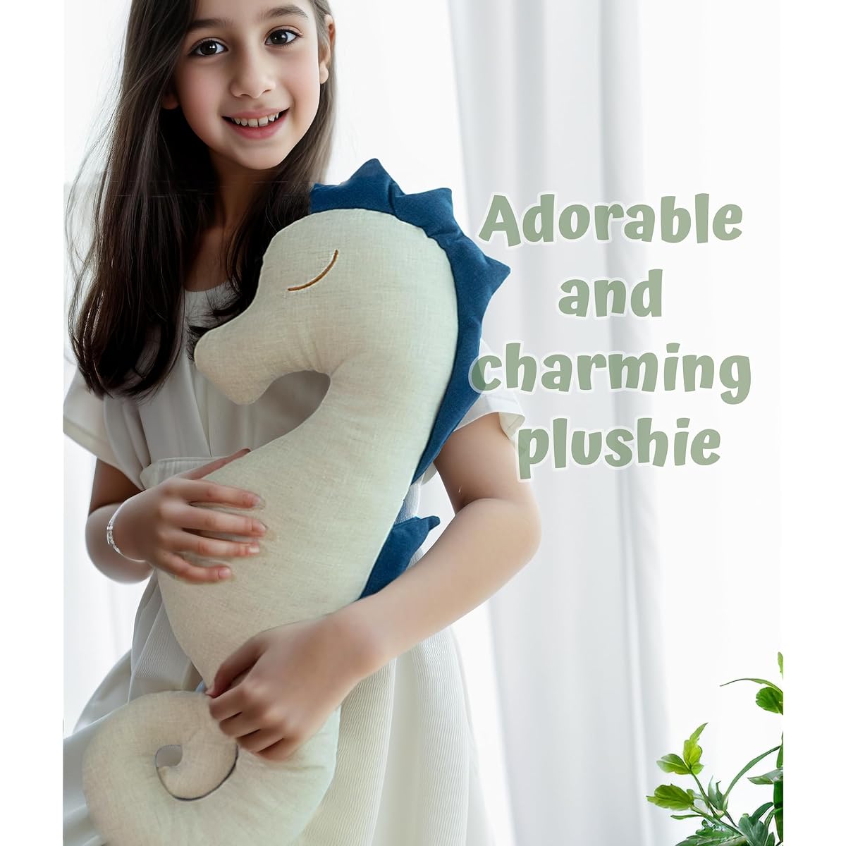STOLLEEN Seahorse Organic Linen Cotton Plush Toy Cute Body Pillow Gift Pack Greeting Card Hand Stitched Fur Free Plush Washable 25"