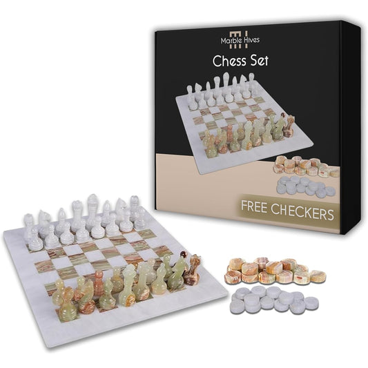 Premium Handmade Marble Chess Board Game Set + Free Checkers - Timeless Elegance for Classic Play and Home Decor - Perfect for Chess Enthusiasts (White and Green Onyx, 15 X 15)