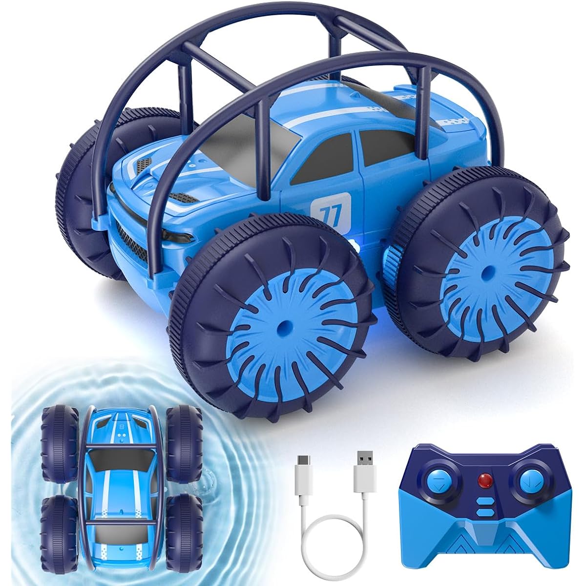 Amphibious Remote Control Car Direct Charging RC Car 360° Flip Stunt Car Cool LED 2.4Ghz 4WD Off-Road Terrain RC Race Car Toys Christmas Birthday Gifts for 3 4 5 6 7 8 9 10 11 12 Year Old Boys Girls