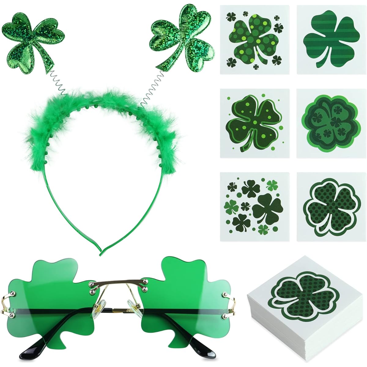 Rtudan St. Patrick's Day Shamrock Green Headband Shamrock Green Sunglasses 72 Pieces Lucky Shamrock Tattoo Sticker St. Patrick's Irish Party Decorations St. Patrick's Day Costume Accessories
