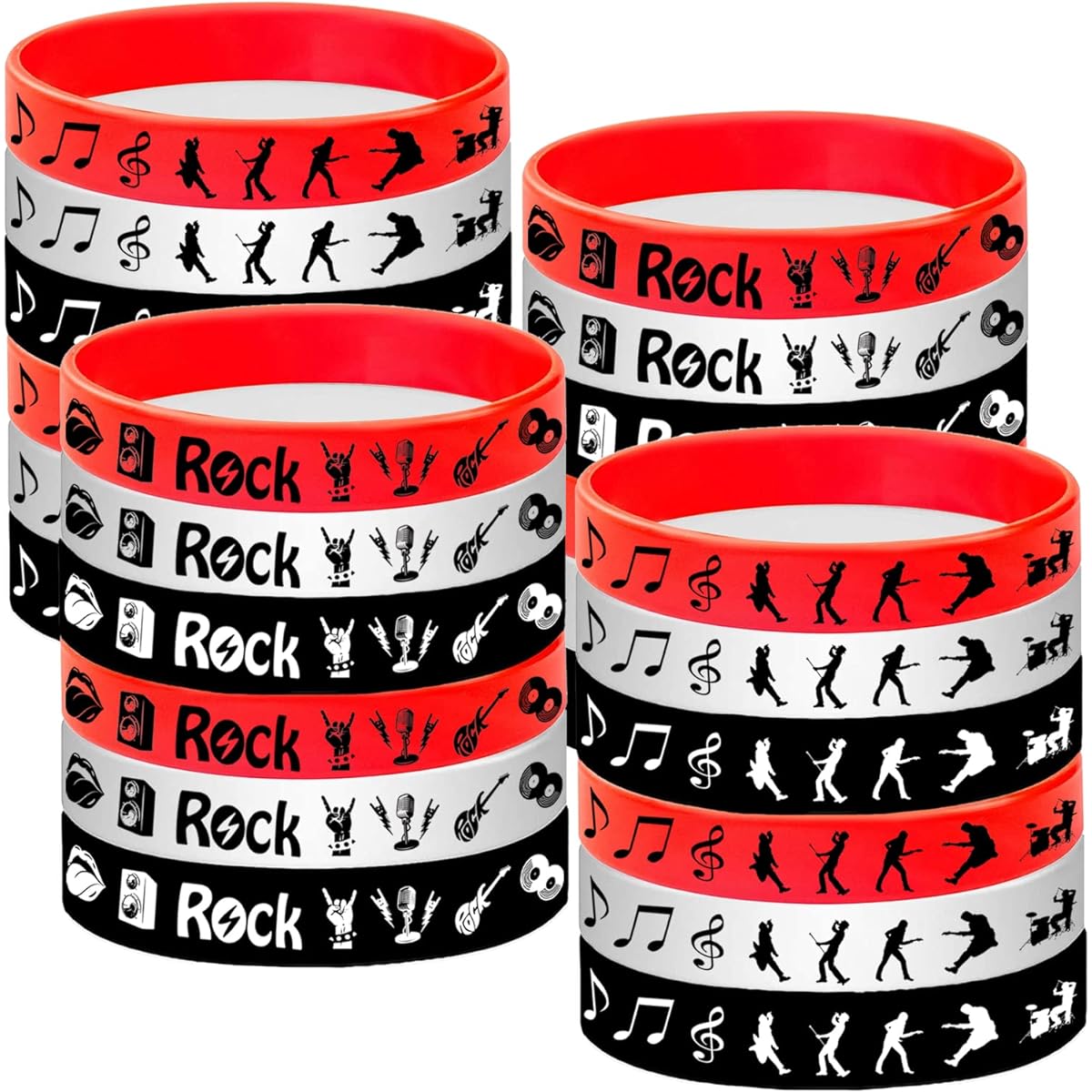 ATSMOICY Rock and Roll Rubber Bracelet Silicone Wristband - 80's 90's Themed Musician Guitar Rap Party Supplies Decorations Birthday Baby Shower Party Favors 48 Pieces