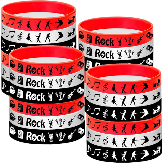 ATSMOICY Rock and Roll Rubber Bracelet Silicone Wristband - 80's 90's Themed Musician Guitar Rap Party Supplies Decorations Birthday Baby Shower Party Favors 48 Pieces