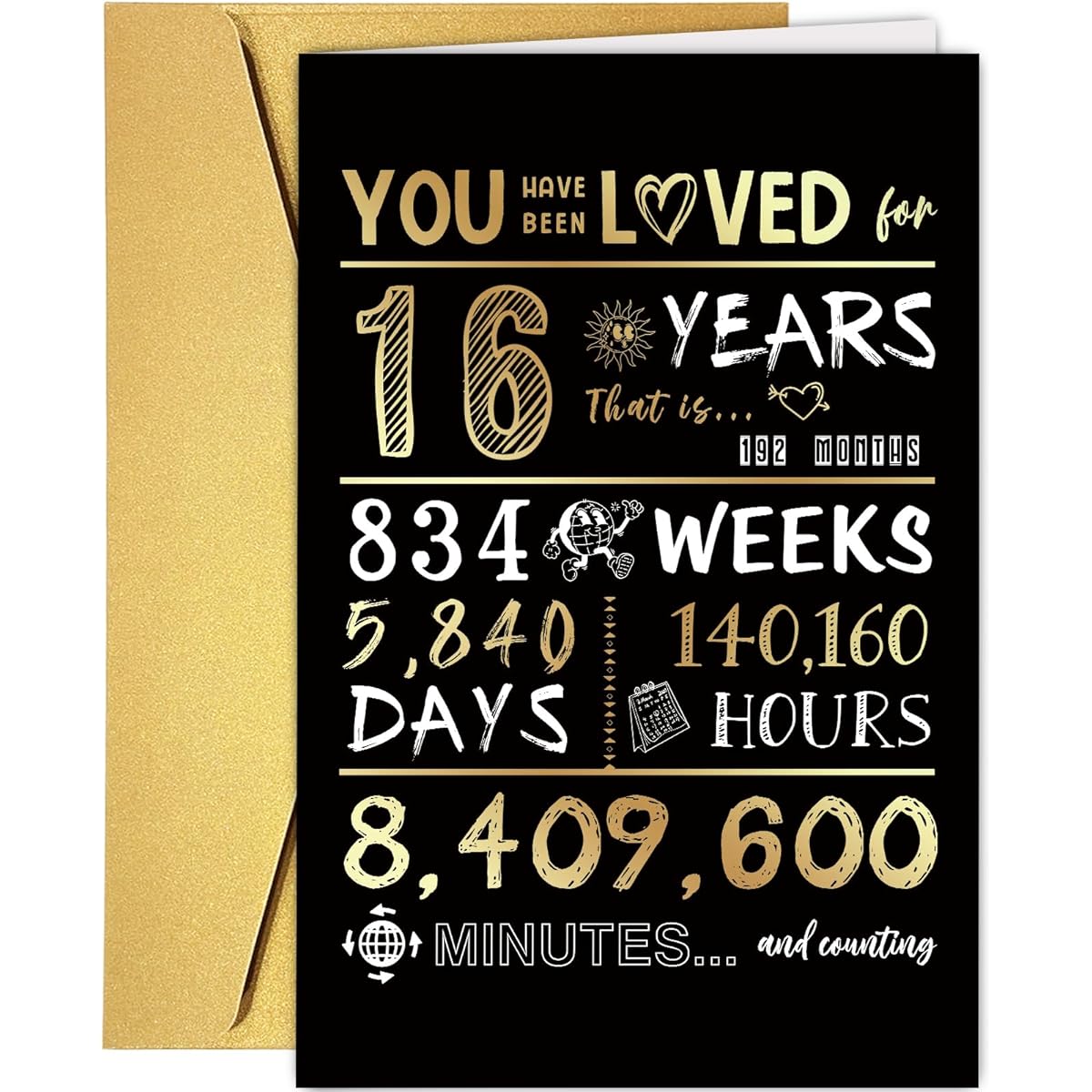 Supoeguk Happy 16th Birthday Cards for Son Daughter, Funny 16th Birthday Cards for Teen Boys Girls, Black and Gold 16th Birthday Cards for Kids