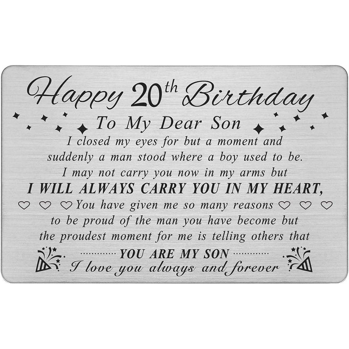 DEGASKEN Happy Son 20th Birthday Card Gift 20th Birthday Gift Gift for Son Personalized Steel Engraved Wallet Card
