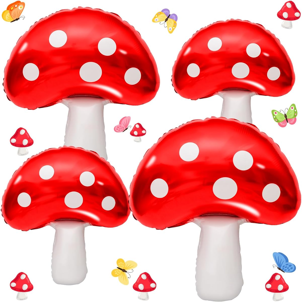 Ospvcwk 4pcs Mushroom Balloons - 31 x 21 Inch Giant Mushroom Aluminum Foil Balloons Easy to Inflate, Cute and Fun Mushroom Party Decoration, Forest Plants Theme Balloons, Baby Shower Wedding Decoration