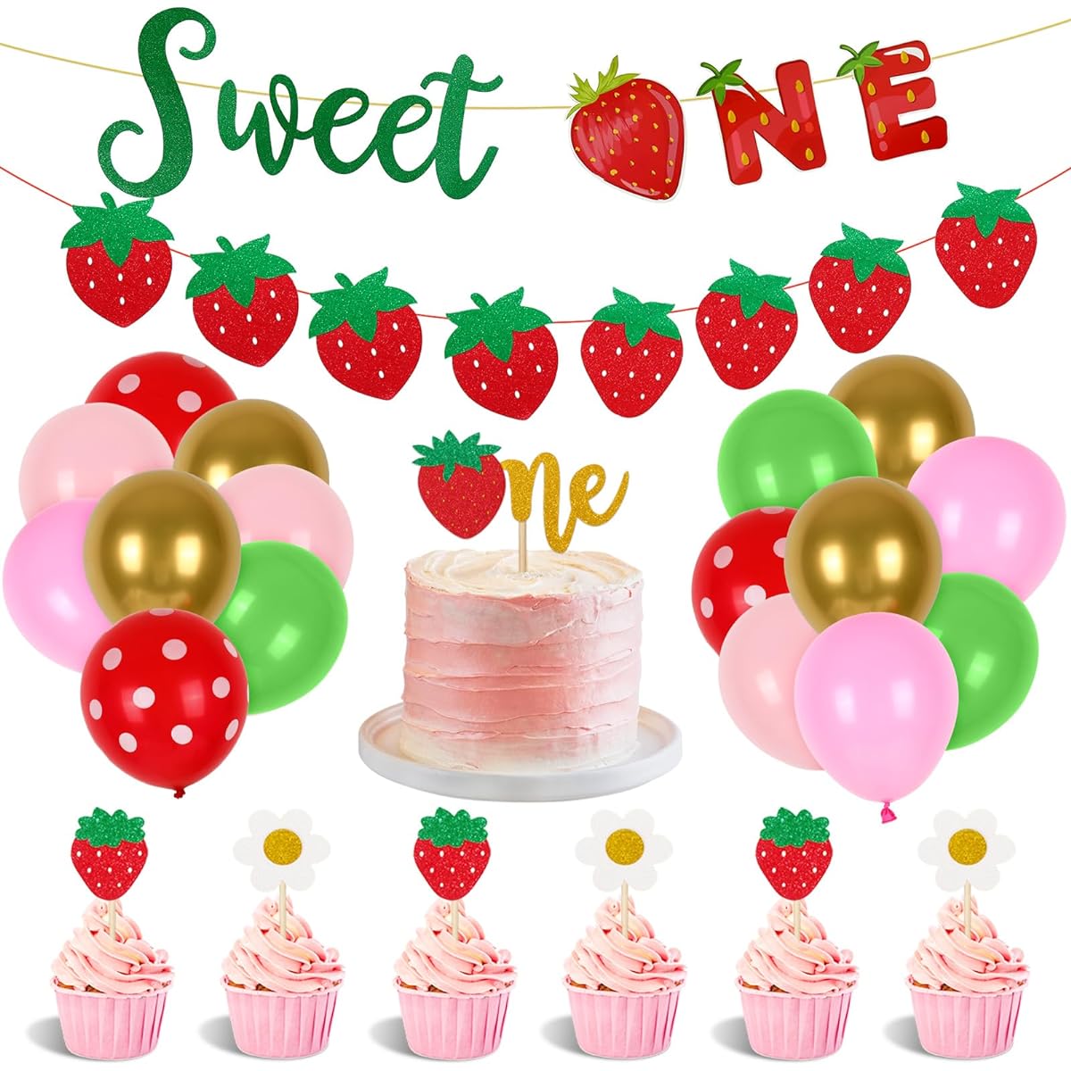 Whaline Strawberry 1st Birthday Decorations Supplies, Strawberry Theme Banner, Latex Balloons, Cake Cupcake Toppers for Sweet One, First Birthday, Summer, Fruit, Strawberry, Shortcake Party Supplies, 31pcs