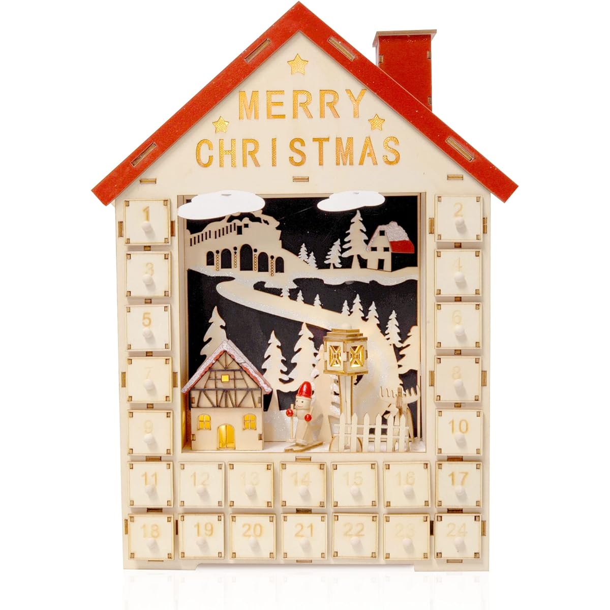 Snowy Village Advent Calendar with Lights - Fillable Advent Calendar with 24 Drawers Perfect for Countdown to Christmas - Beautiful Holiday Home Decor for Holiday Cheer - Red & Cream