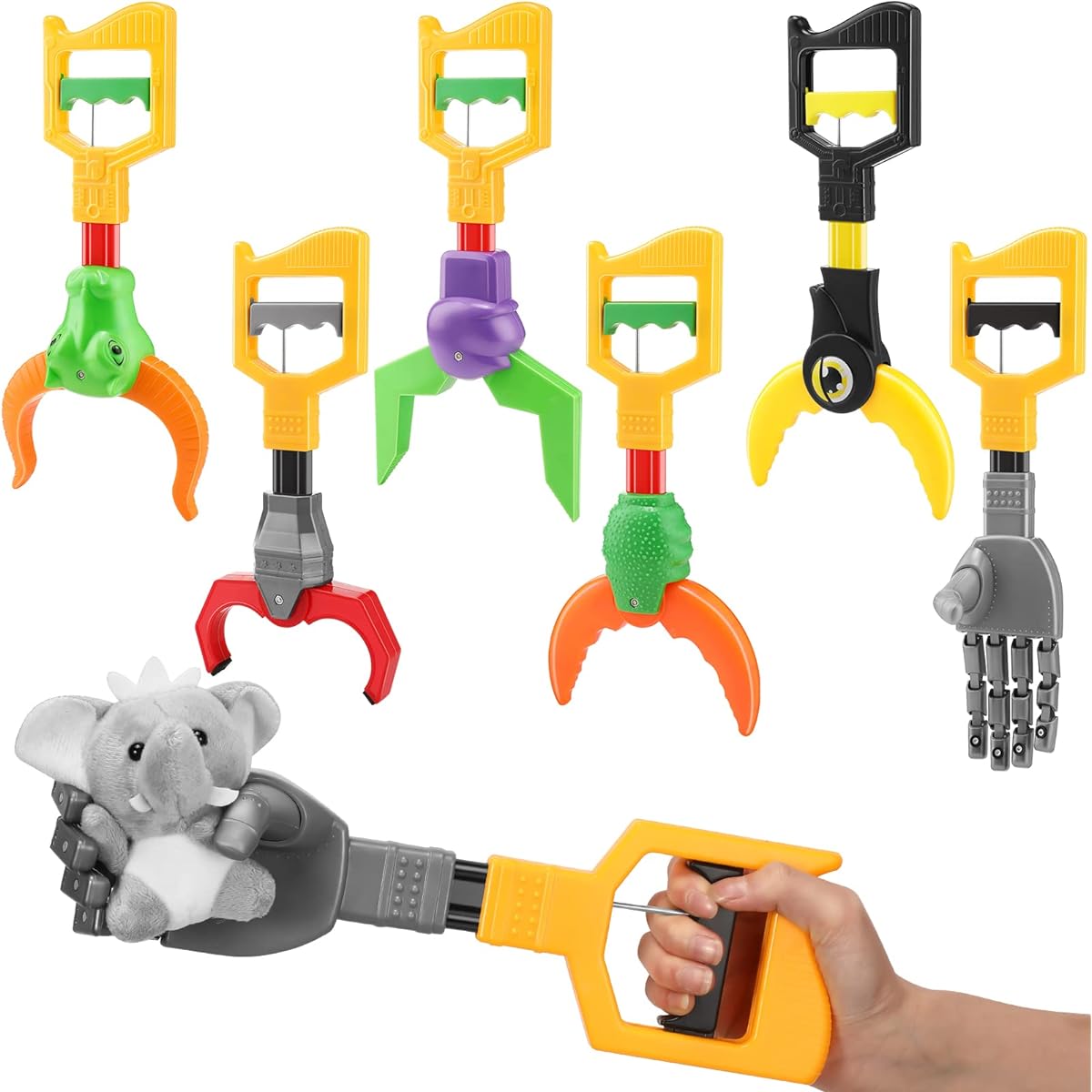 Woanger 6 Pieces Interactive Toy Grabber Robot Hand & Robot Claw Assorted Styles Set Plastic Animal Claw Grabber Robot Hand Grabbing Tool Fun Early Learning Gift for Eye Hand Coordination 12 Inch