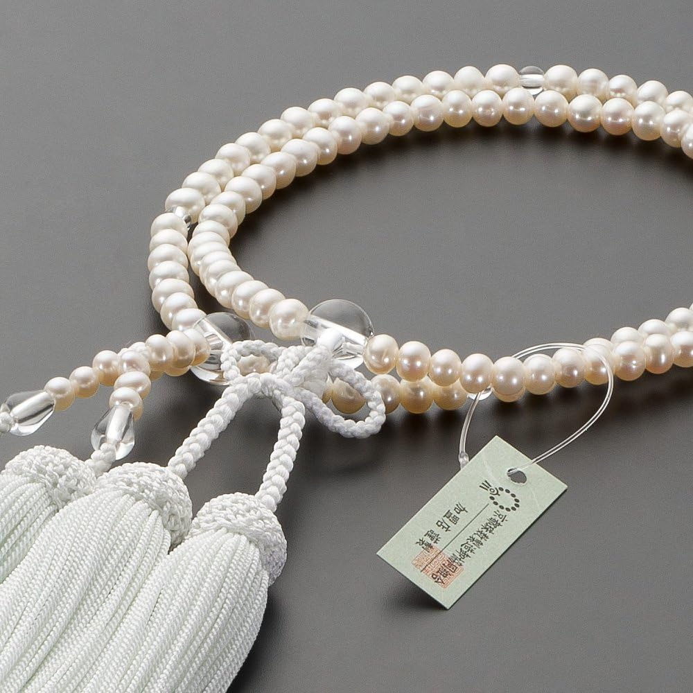 Buddhist altar shop Takita Shoten Prayer beads Jodo Shinshu authentic rosary beads for women Freshwater pearl (white) Genuine crystal made 8 inches Pure silk head tassel ]
