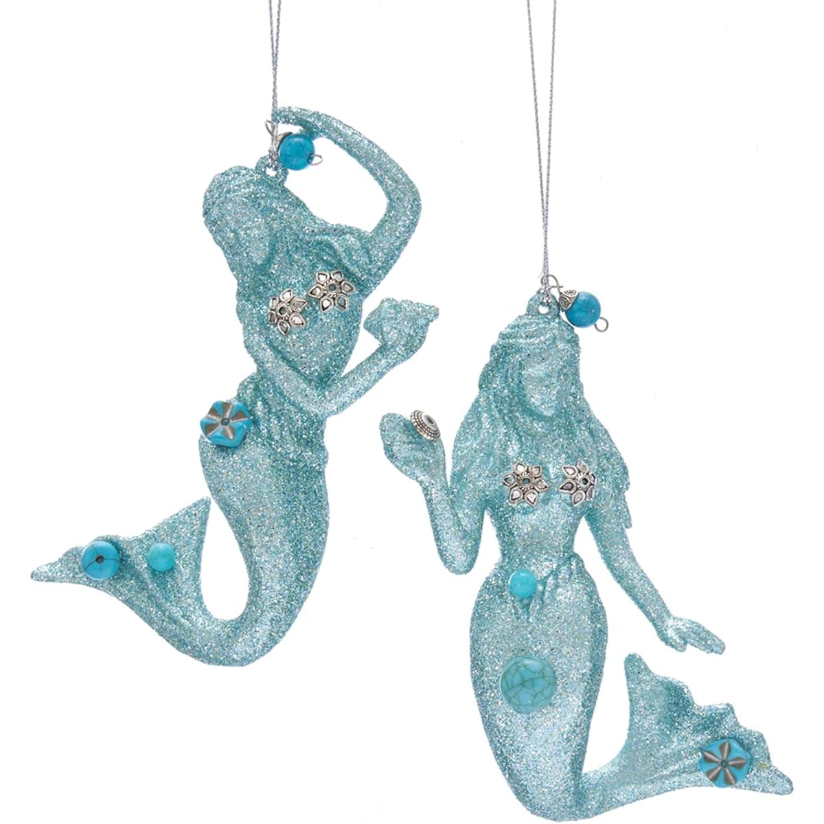 Set of 2 Teal Blue Mermaid Glitter and Beaded Christmas Holiday Ornaments
