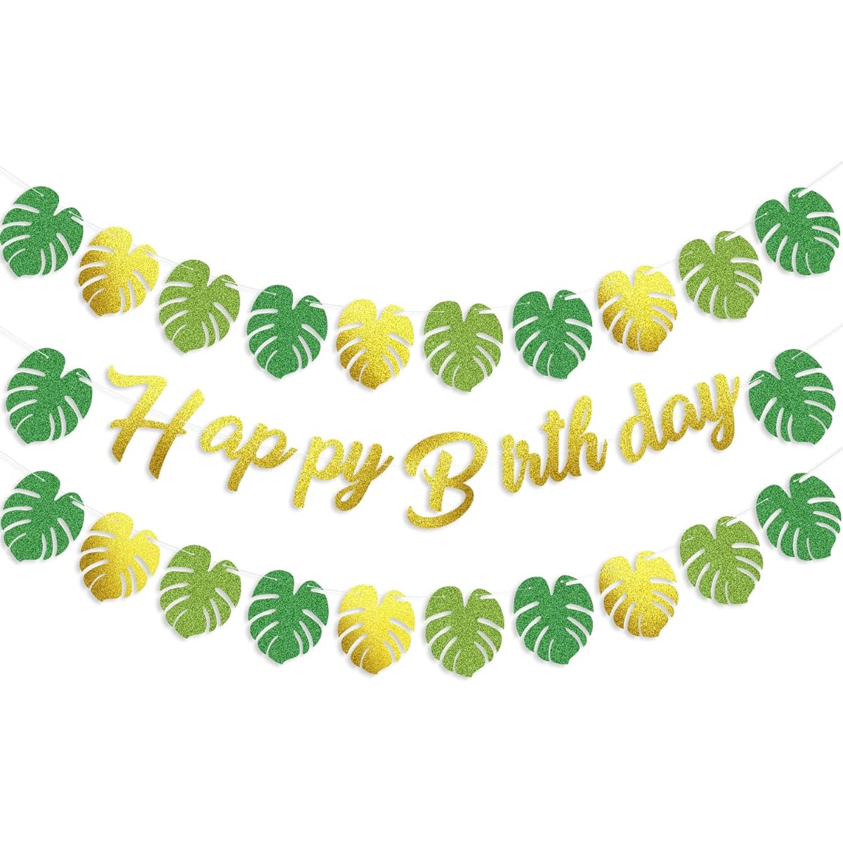 Tropical Palm Leaves Banners - Set of 3 Hawaiian Happy Birthday Banners Gold and Green Glitter Tropical Party Palm Leaves Garland for Summer Beach Luau Hawaiian Party Jungle Party Decorations