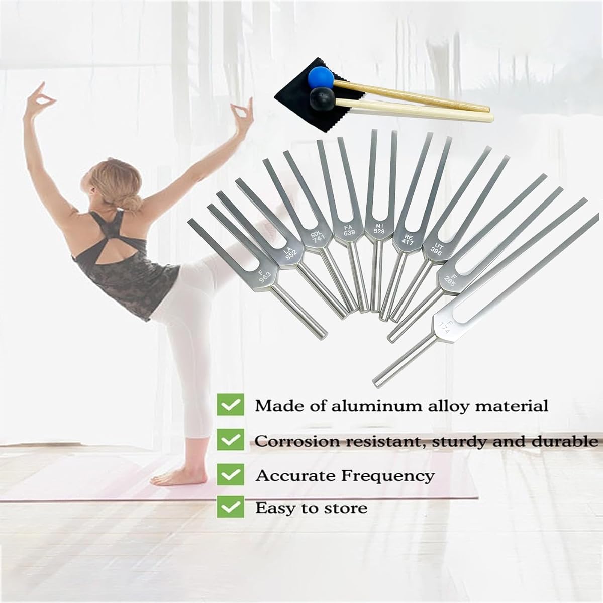 Solfeggio Tuning Fork Set BEAUTI4U Solfeggio Healing Tuning Fork 174Hz 285Hz 396Hz 417Hz 528Hz 639Hz 741Hz 852Hz 963Hz Tuning Fork with Silicone Hammer and Bag (Silver)