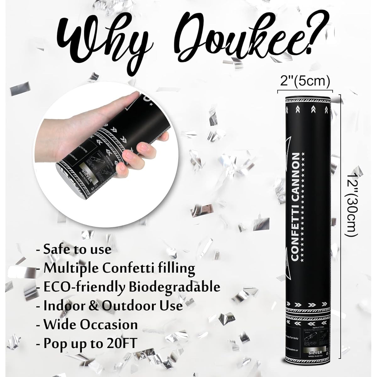 DOUKEE Silver Confetti Cannon, 30.4cm Metallic Silver Confetti Party Poppers Set of 5 Perfect for Birthdays, Holidays, Graduation Parties