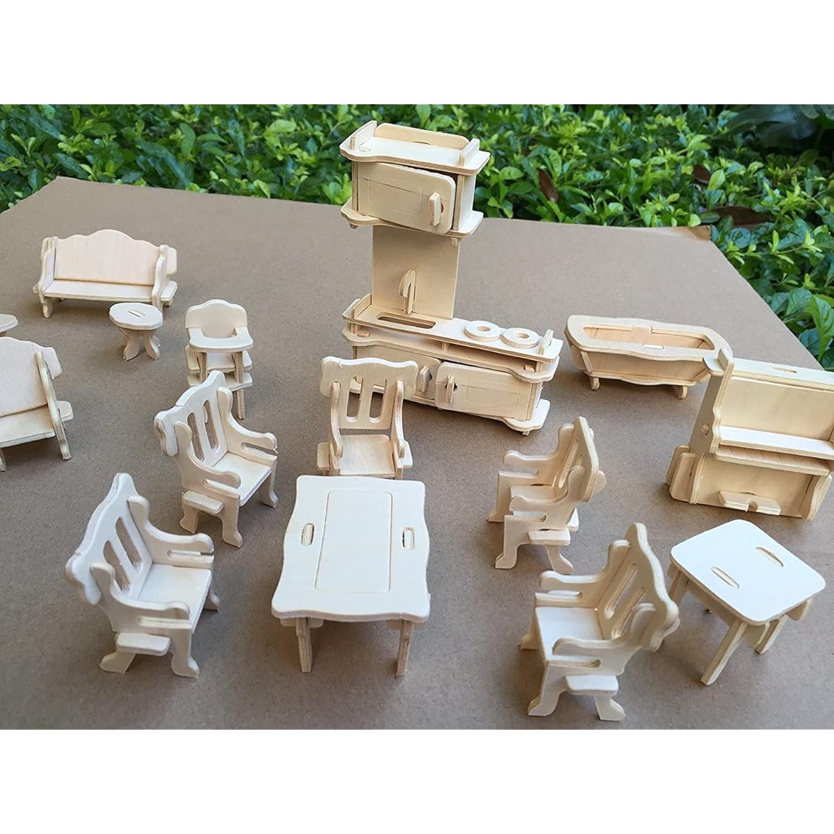 CUTEROOM Dollhouse Furniture Laser Cut Wooden 3D Puzzle DIY Miniature Dollhouse Kit Home Furniture Set 34 Pieces