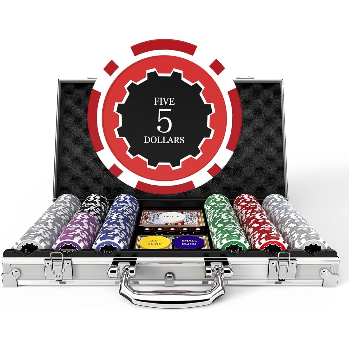 HEITOK Poker Chip Set with Denominations 300pcs 11.5g Professional Numbered Chips with Aluminum Case, 5 Dice and 2 Poker Decks for Texas Hold'em