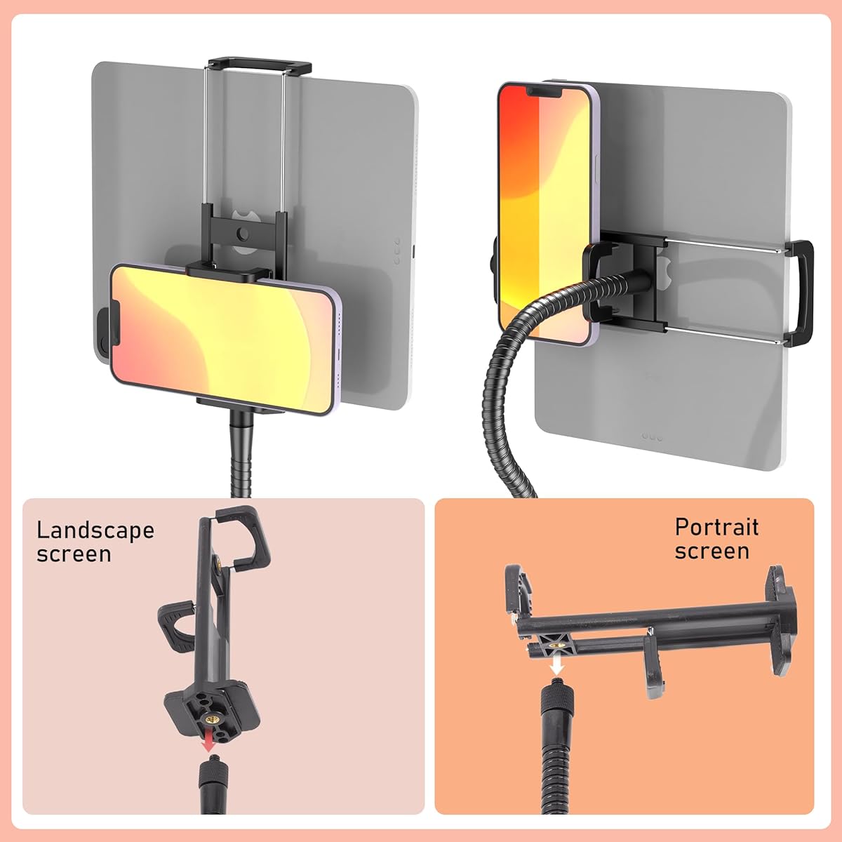 Microphone Stand with iPad Clip, Floor Folding Microphone Stand with Phone Clip, Heavy Duty Tripod Boom Arm with 2 Microphone Clips, Carry Bag for Singing Karaoke Stage.