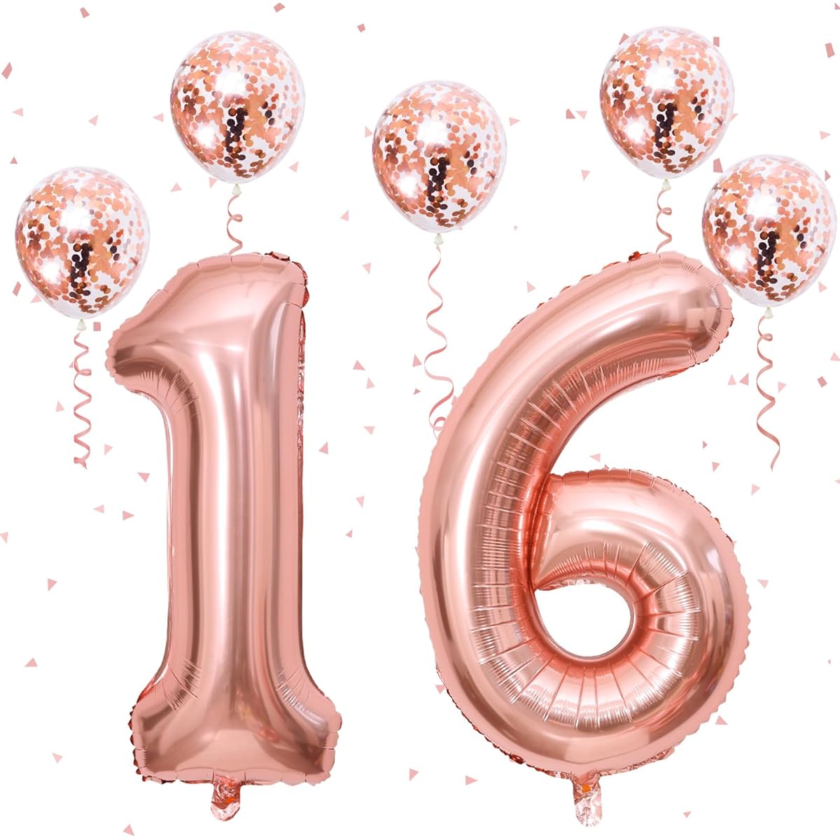 Number 16 Foil Balloons with Confetti Balloons for 16th Birthday Decorations