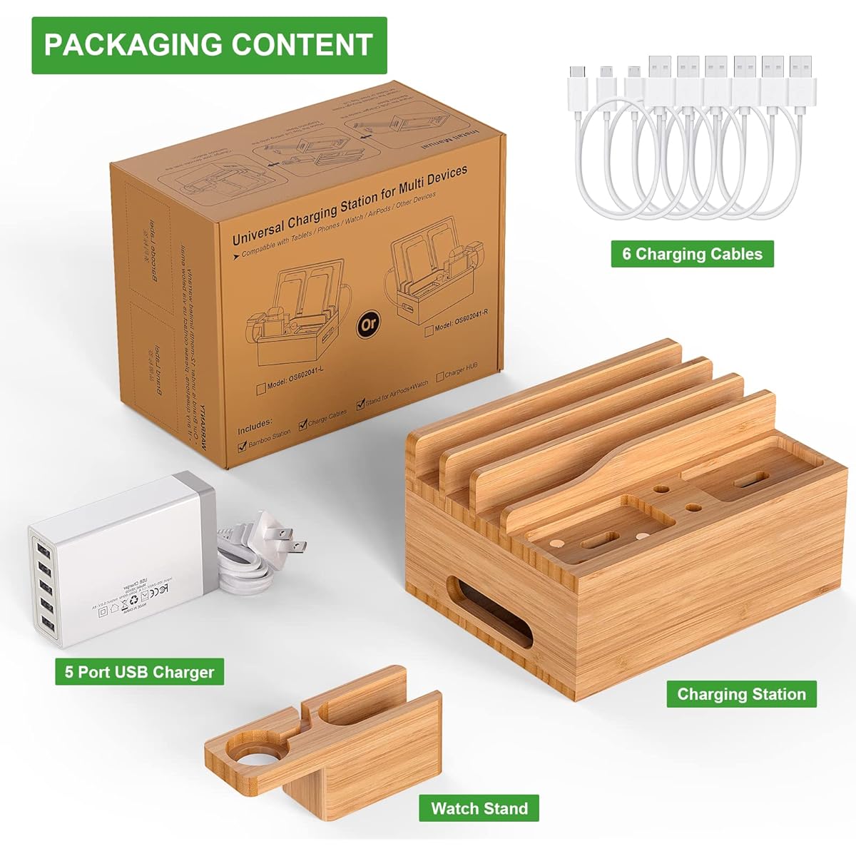 Bamboo Multifunctional Charging Station, Desk Bamboo Charging Stand, Docking Station Organizer, Compatible with Phones, Tablets, Watches, Earbuds (Includes 1 Watch and Earbuds Stand, 6 Cables, USB Charger)
