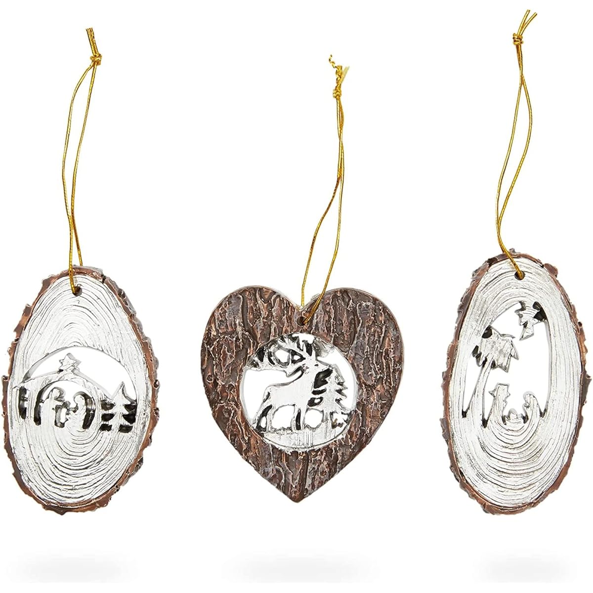 Resin Christmas Ornaments Silver Nativity and Reindeer Decorations (2.5 inch 3 pack)
