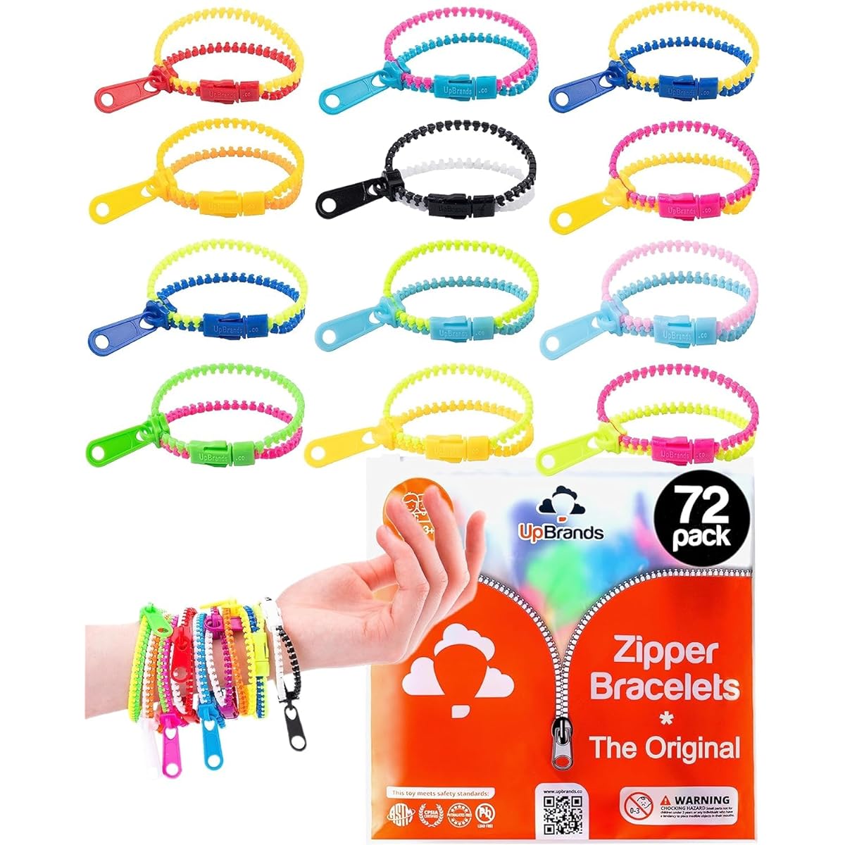 UpBrands 72 Classroom Rewards for Kids Party Favors Friendship Zipper Bracelets 7.5 Inch Sensory Bulk Set Fidget Toys Easter Basket Stuffers Valentine's/Birthday Kit Easter Egg Fillers