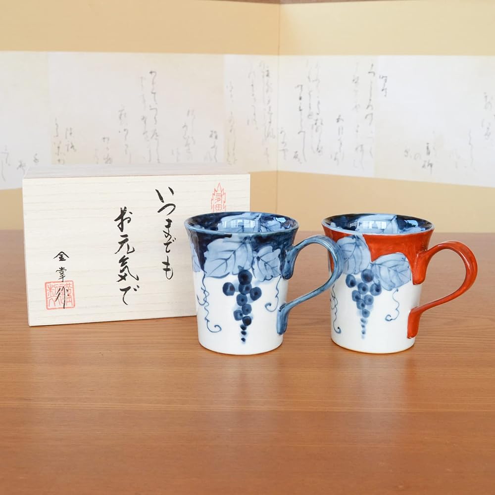 Happy Birthday Gift, Pair of Mugs, Arita Ware, Microwave Safe, Comes with Noshi and Message Card, Wooden Box, Fuchino Grape