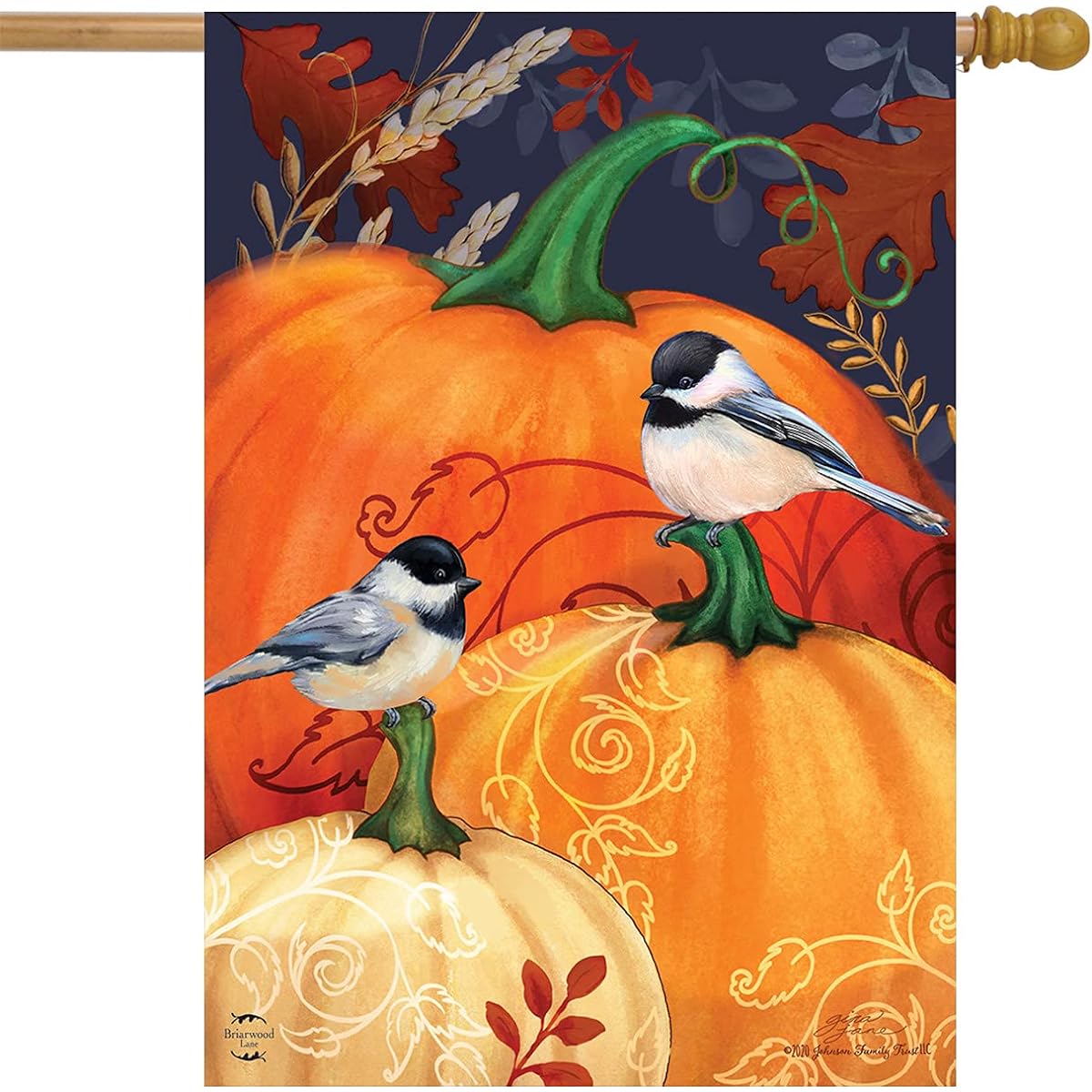Pumpkins and Chickadees Fall House Flag Fall Bird 28" x 40" Briarwood Lane