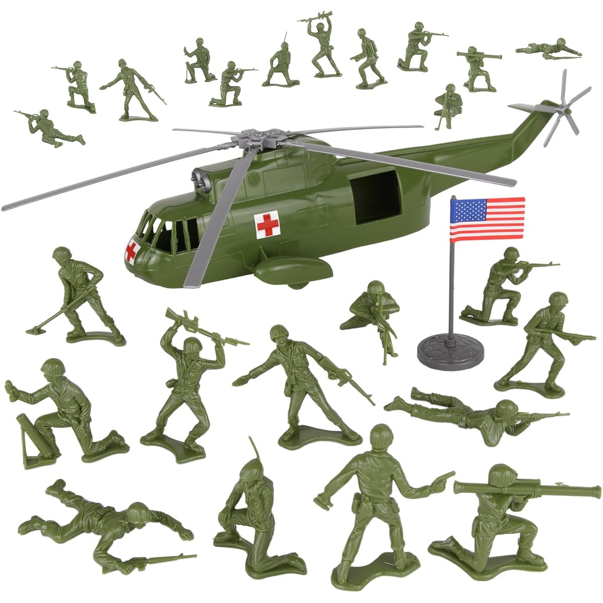 TimMee Plastic Army Men's Helicopter Playset - OD Green 26 Pieces Made in the USA
