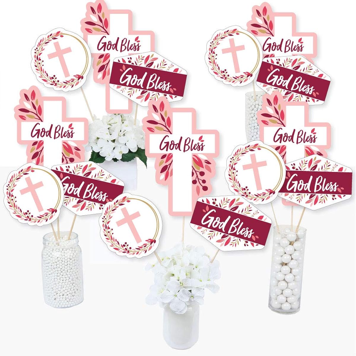 Pink Elegant Cross - Girls Religious Party Centerpiece Sticks - Table Toppers - Set of 15