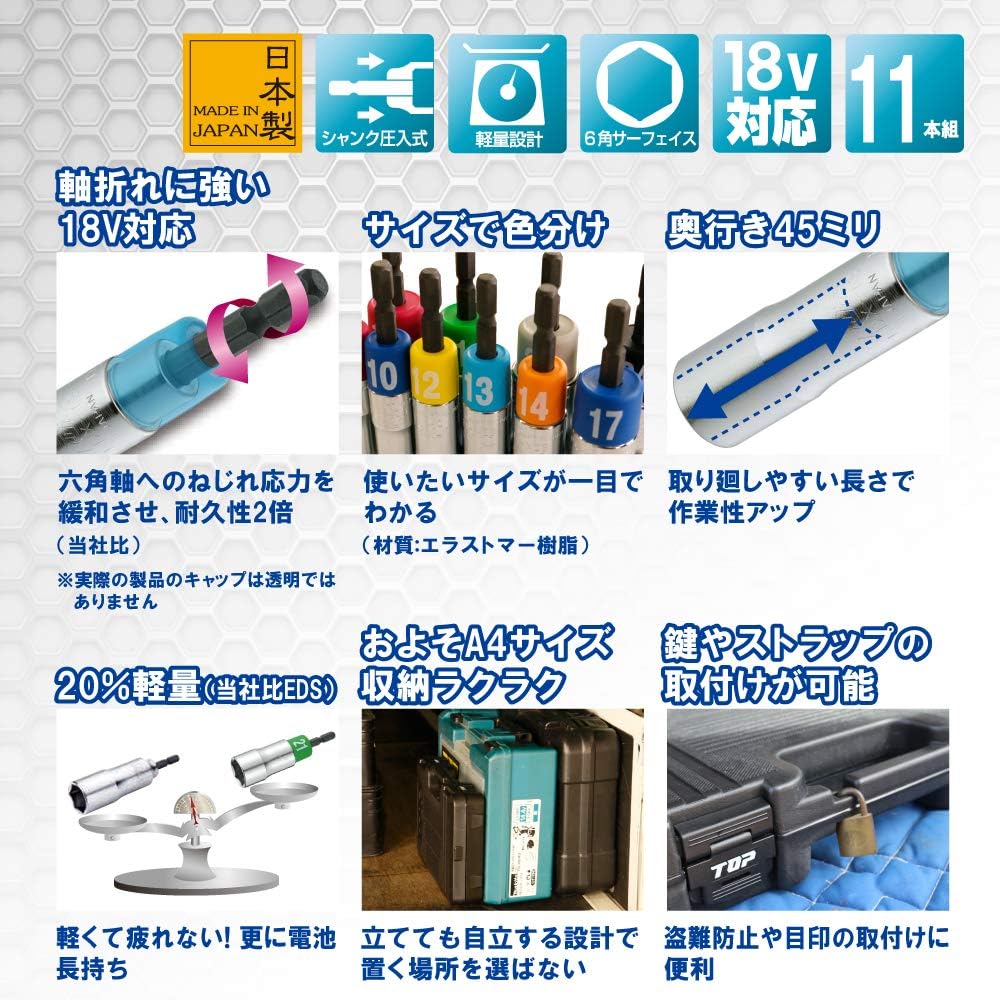 Top Industry (TOP) Alpha Socket Set of 11 for Electric Drills 8~24mm with Case and Conversion Adapter EDX-824AS Alpha Series Tsubame Sanjo Made in Japan