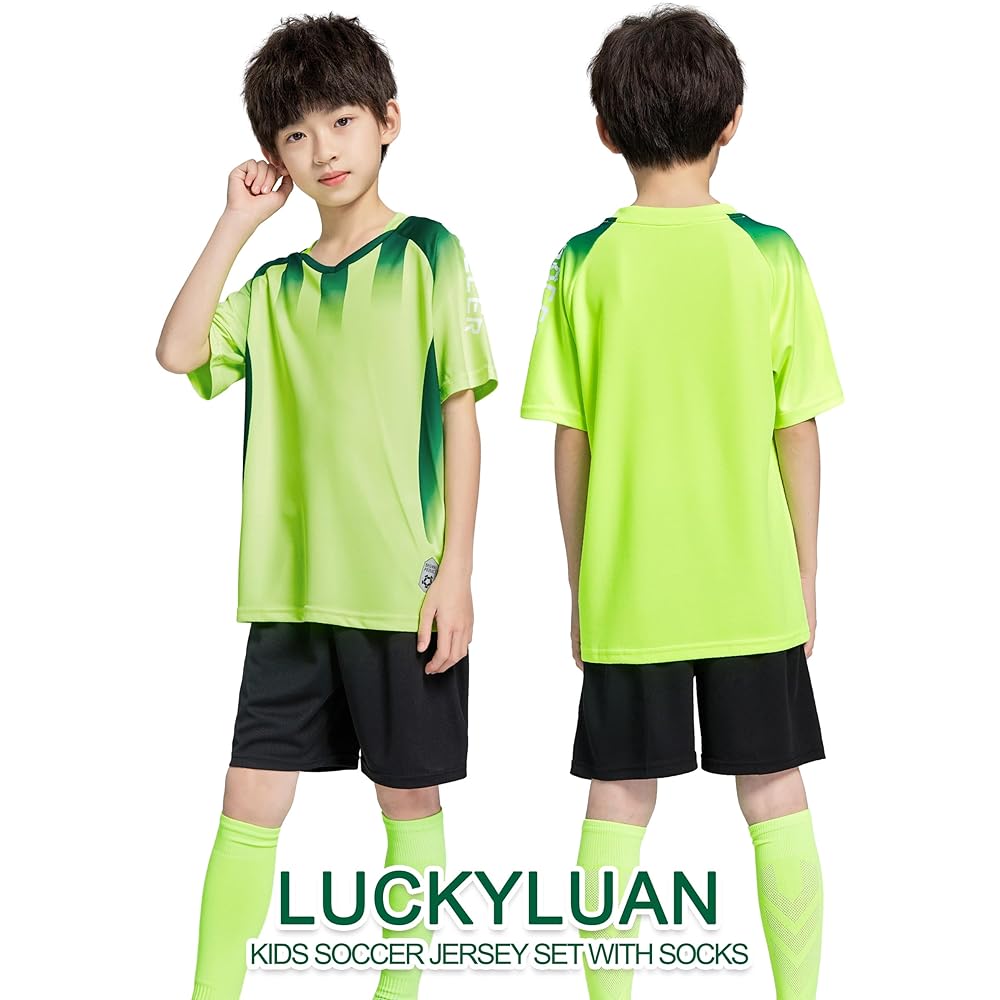 [LUCKYLUAN] Kids Soccer Wear Jersey 3 Piece Set with Socks Children Print Boys Training Top and Bottom Set Socks Short Sleeve Shorts Pants Breathable Quick Dry English Letters
