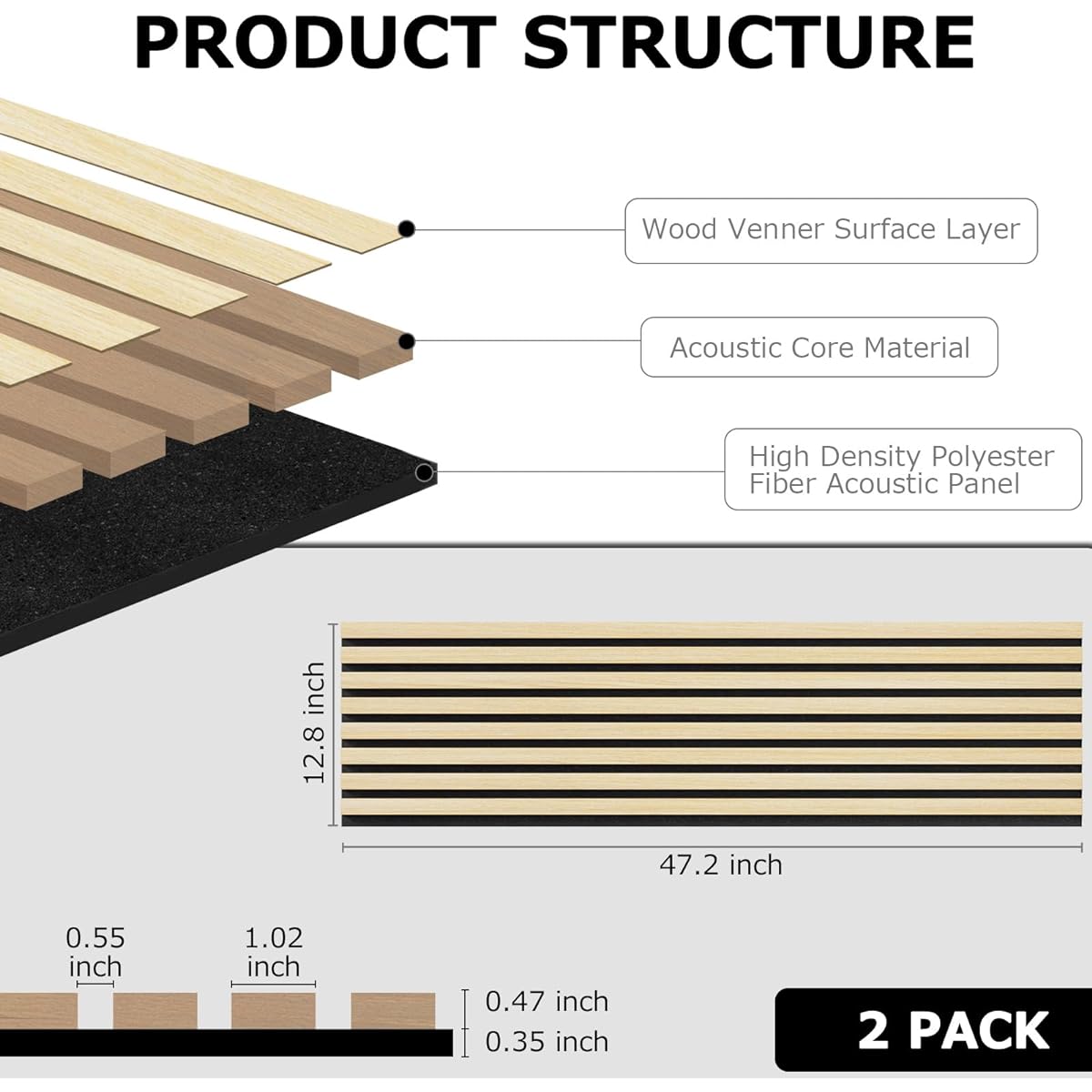 Busybees Acoustic Wood Wall Panels Decorative Acoustic Panels Walls and Ceilings Acoustic Panels for Interior Design 3D Slatted Wood Wall Panels (2 Pack - 47.2" x 12.8" Natural Oak)