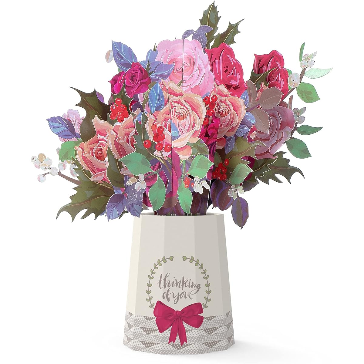 Pop Up Paper Flower Bouquet - 3D Flower Greeting Cards Mother's Day Cards Birthday Thoughts Anniversary Wedding Congratulations Spring Cards for Her (Red Rose Luxury Bouquet)