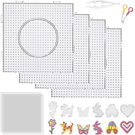5mm fuse bead board, clear plastic pegboard, 4 large clear pegboard kits (1 tweezers, 6 bead boards with different shapes, 10 color cards, 2 keychains, 2 lifting ropes) for kids DIY craft beads