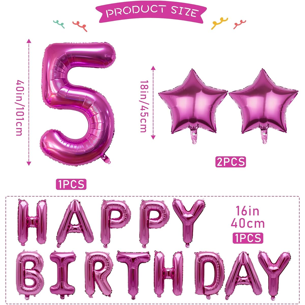 16pcs Hot Pink Happy Birthday Balloons Banner, 16" Hot Pink Foil Letter Sign Balloons, 40" Giant Number Balloons, 1st Birthday Decorations for Kids, Anniversary Party Decorations Supplies (Age 5)