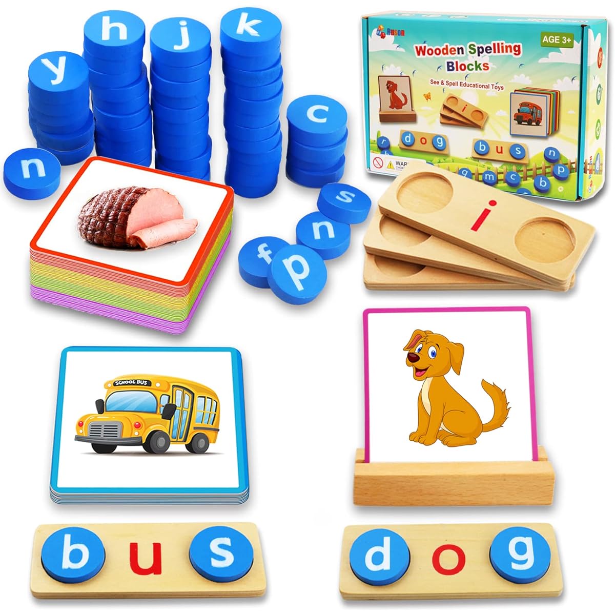 Kiouposy Wooden Reading Letter Spelling Blocks with 50 Double-Sided Flashcards