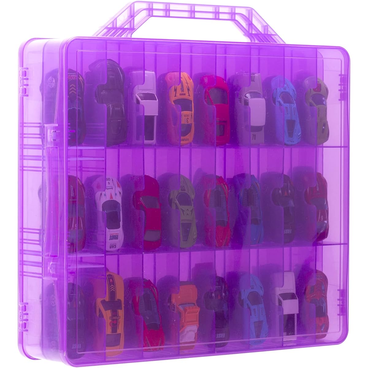 KISLANE Double Sided Toy Car Storage Case for 48 Hot Wheels Matchbox Cars Mini Toys Small Dolls Portable Transparent Storage Case for Hot Wheels Matchbox Cars 48 Compartments Case Only