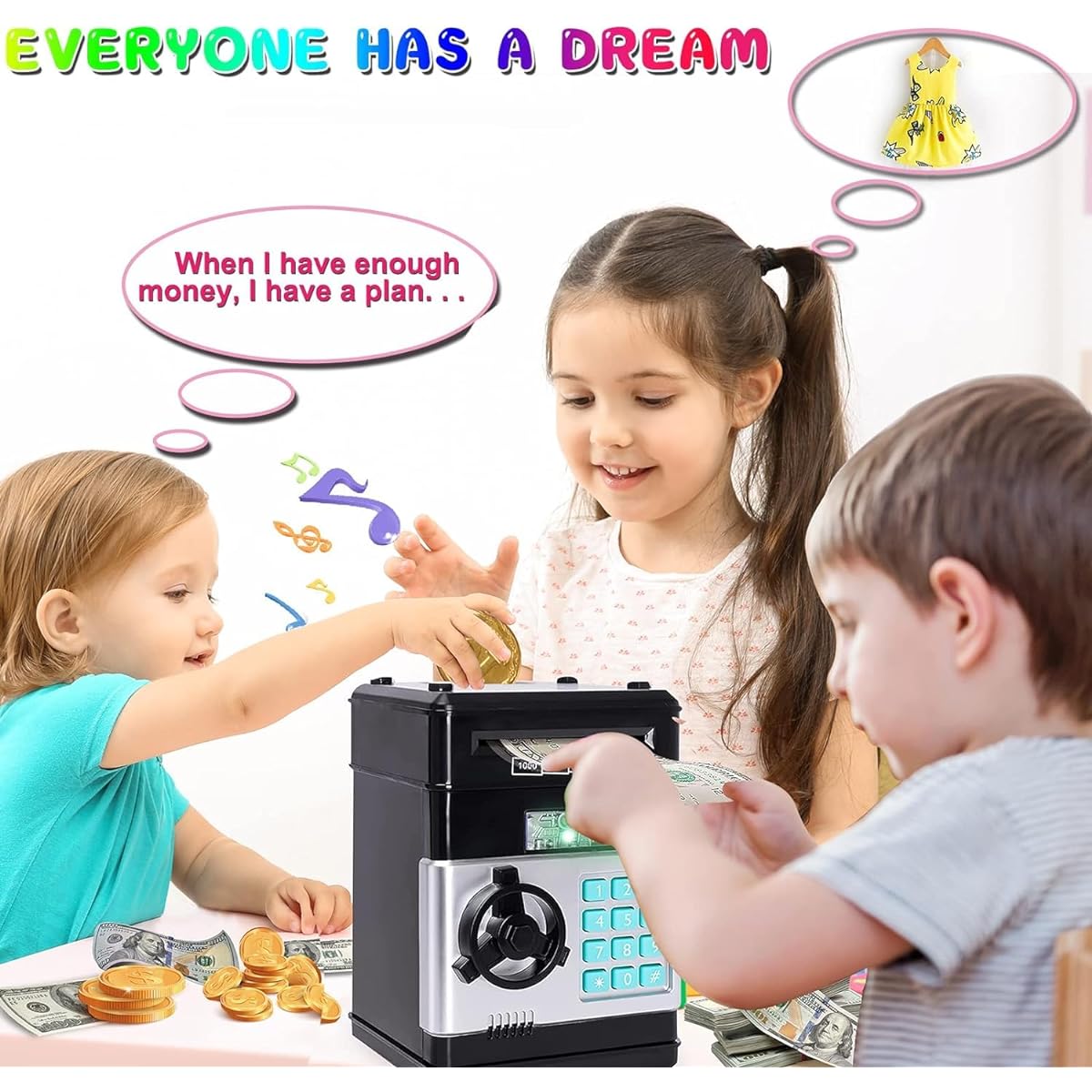 Piggy Bank Toys Kids Boys Girls Age 3-9 Years Old Electronic ATM Coin Bank with Secure Password Kids Safe Bank Toy Piggy Bank Christmas Birthday Gift for 4 5 6 7 8 9 Years Old Boys Girls - Black