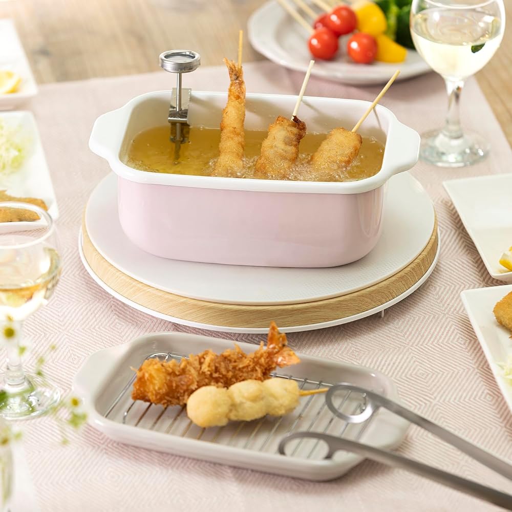 Fuji Horo Square Tempura Pot, Pink, IH Compatible, Thermometer, Frying Net, and Bat Included, Gift