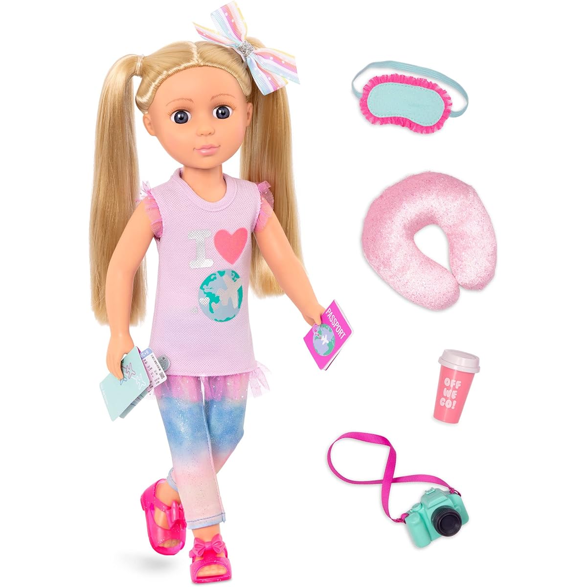 Glitter Girls – Percy 14" Poseable Fashion Doll with Travel Accessories & Camera – Blonde Hair & Unique Purple Eyes – Doll for Girls Ages 3+