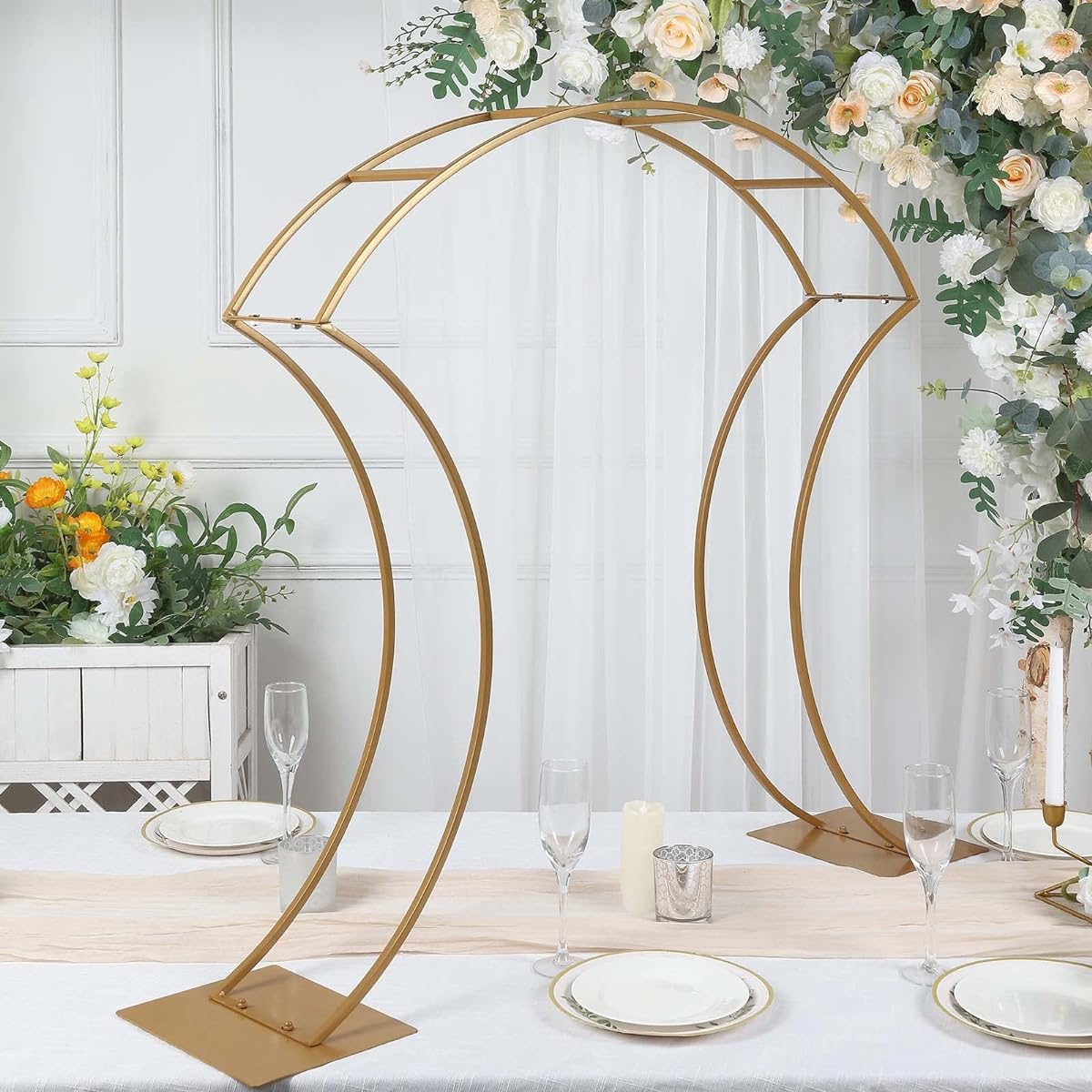 Efavormart 38" Gold Metal Floral Arch Frame Wedding Table Centerpiece Stand Curved Design Large Table Display Aisle Props