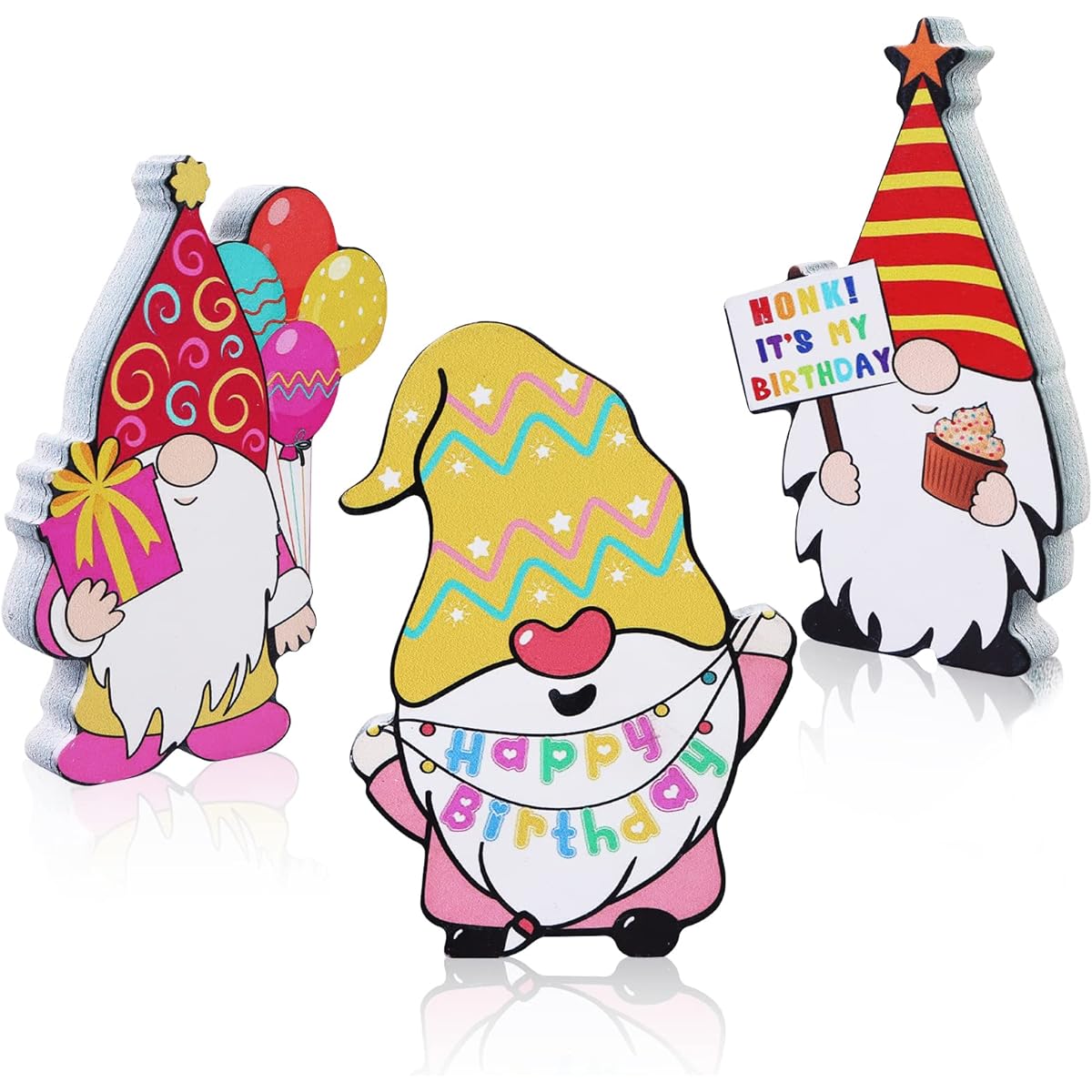 OBANGONG 3pcs Happy Birthday Freestanding Gnome Decorations Wooden Gnome Birthday Sign Ornaments for Indoor Outdoor Lawn Birthday Party Decorations