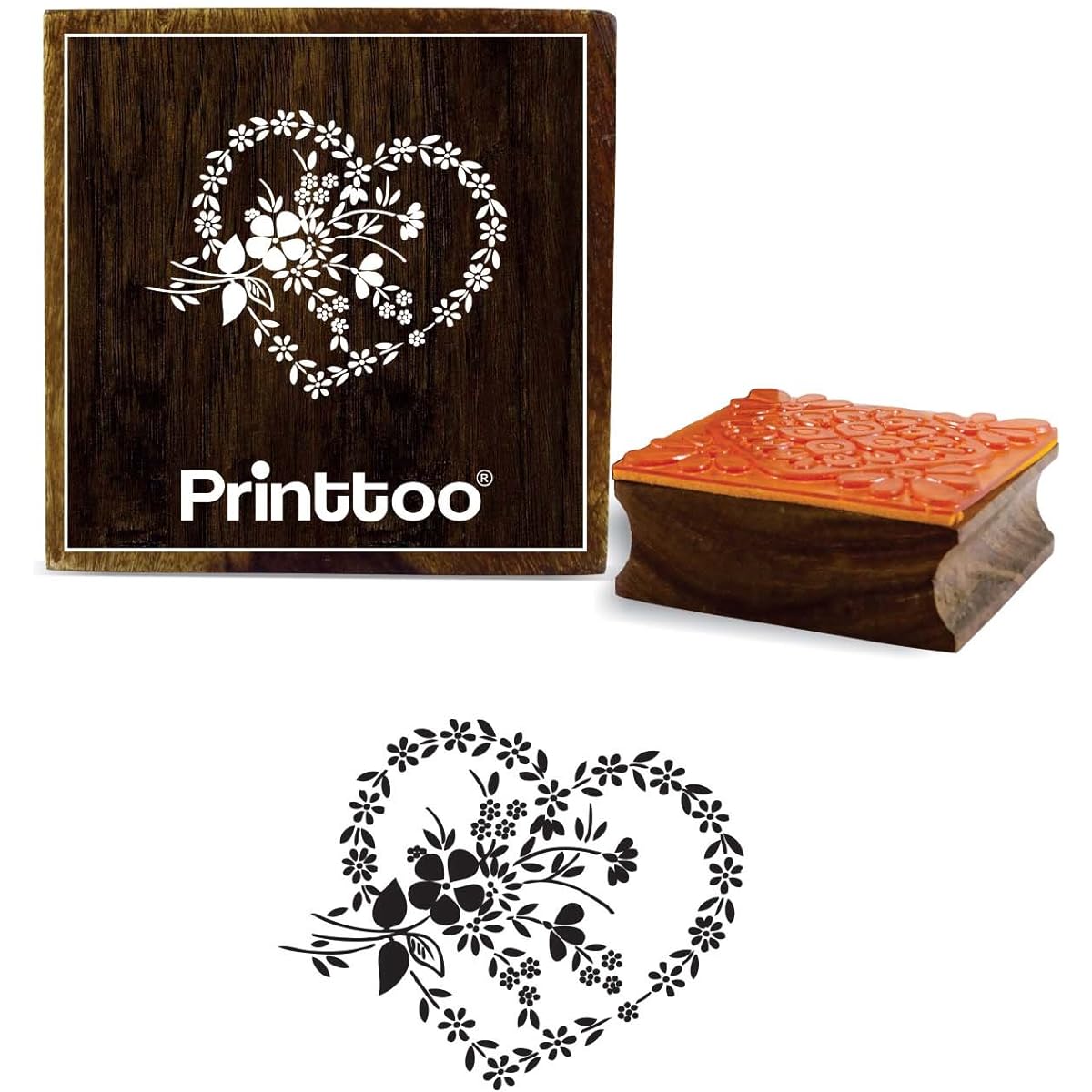 Printtoo Craft Textile Floral Wreath Heart Design Square Wood Rubber Stamp 2" x 2"