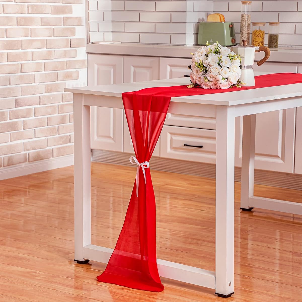 6 Pieces Wedding Red Chiffon Sheer Table Runner Length 106 x 12 Inches Romantic Table Runner Rustic Dinner Tabletop Decoration Bridal Birthday Baby Shower Party Supplies (9ft x 11.8in 6 Pieces)