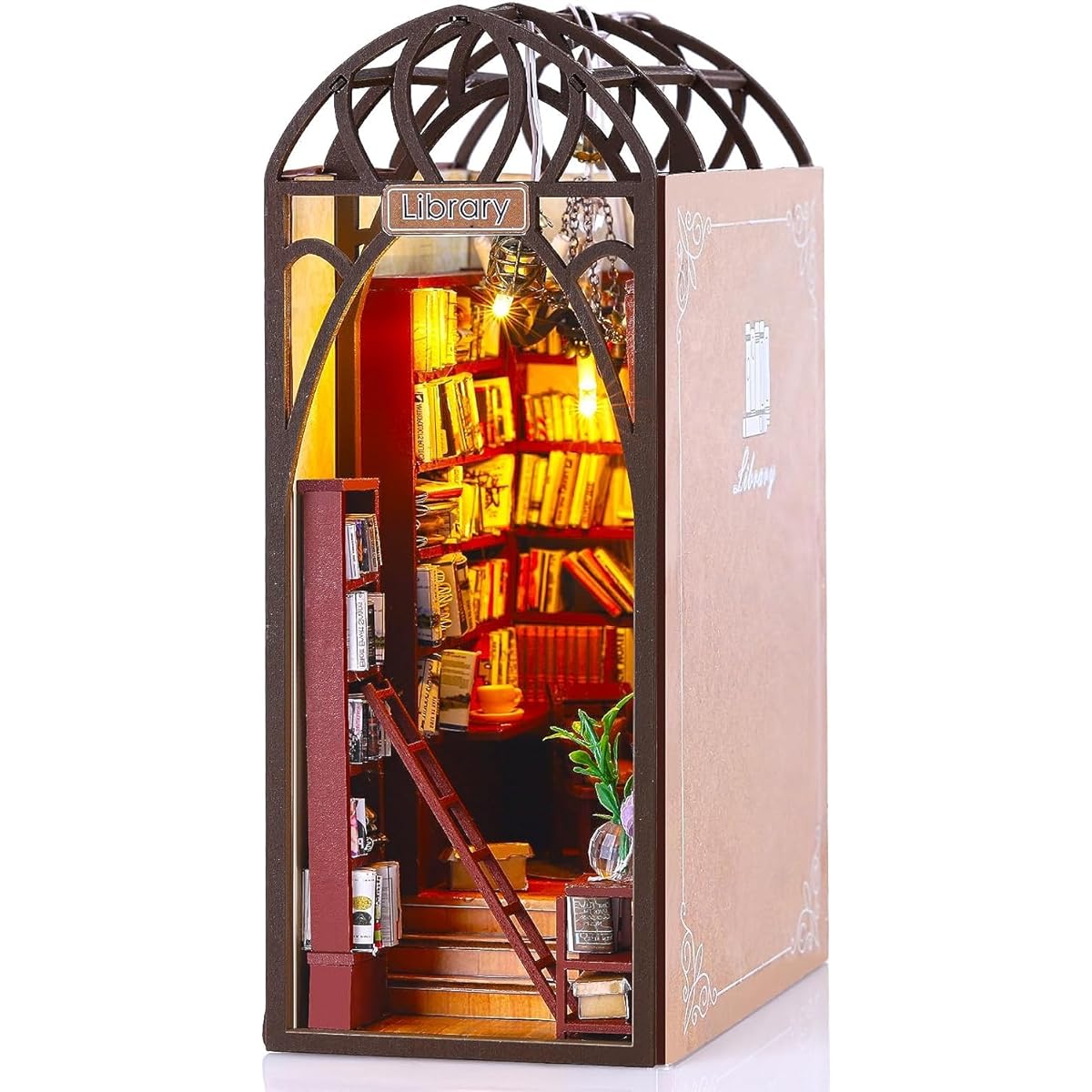 SYOSOF DIY Book Nook Kit 3D Wooden Puzzle Book Knock DIY Dollhouse Bookshelf Insert Decoration Bookend Model Build Creativity Kit with Furniture and LED Light for Home Desk Decor (Library)
