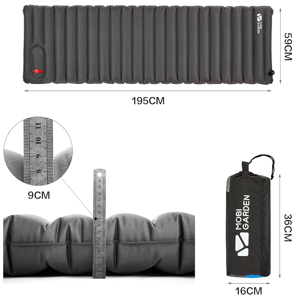MOBI GARDEN Air Mat Air Bed, Foot Operated, 9cm Thick, Moisture Proof, Lightweight, Foldable, Compact, Durable, Wear Resistant, 3D Support, Disaster Prevention, Outdoor, Camping, Sleeping in the Car, Travel, Cherry Blossom Viewing, Mountain Climbing [For