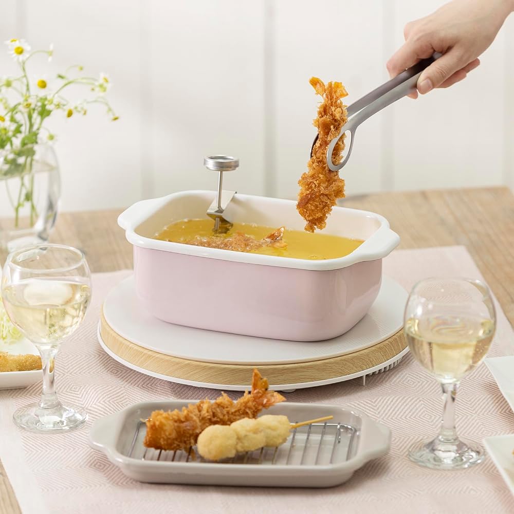 Fuji Horo Square Tempura Pot, Pink, IH Compatible, Thermometer, Frying Net, and Bat Included, Gift