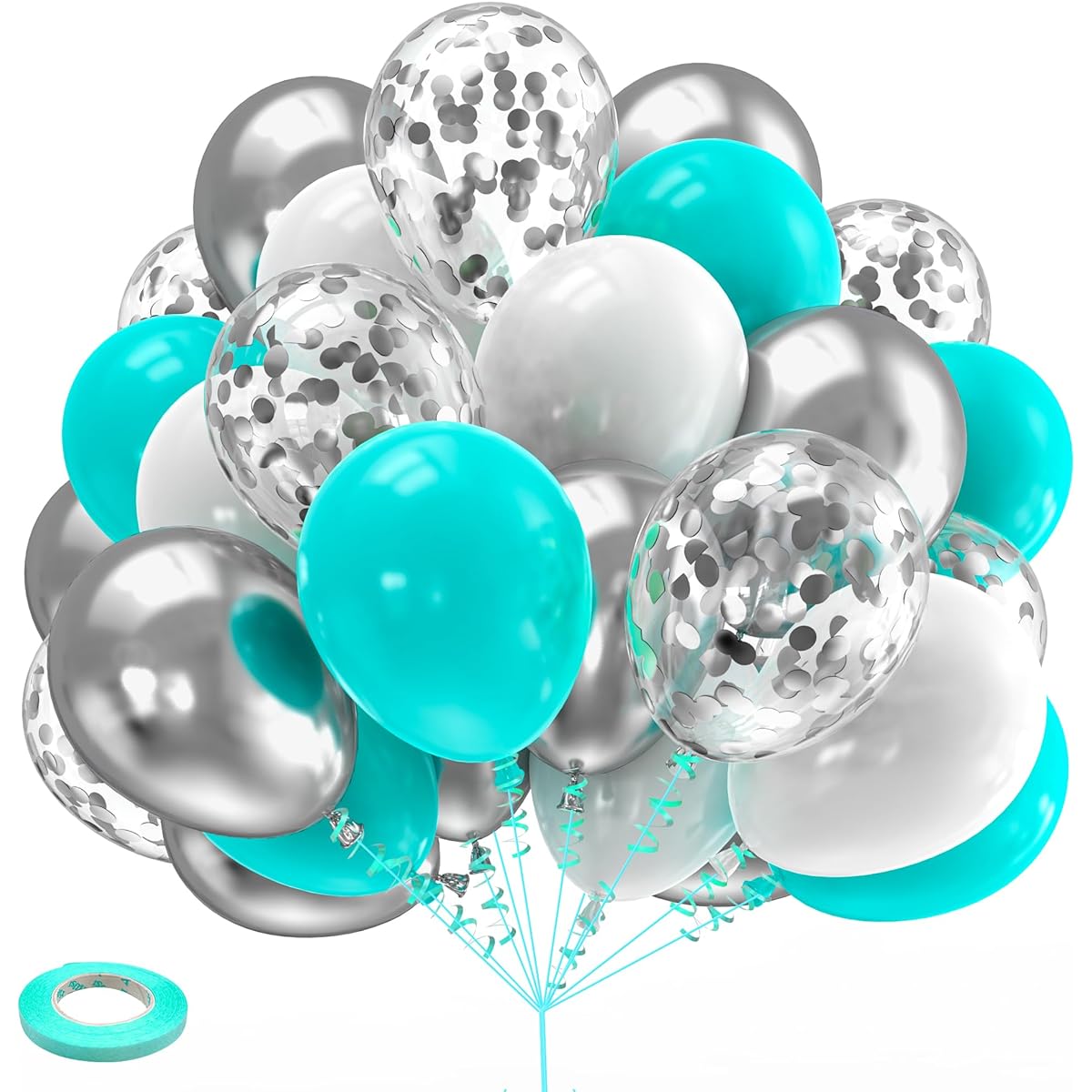 Teal and silver balloons.