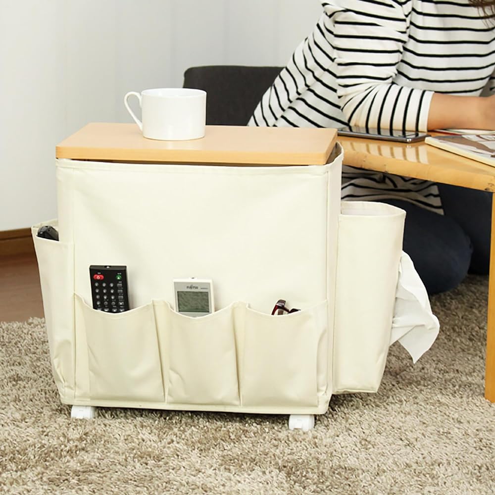 Wooden Side Table Wagon, Small Items Storage, Side Wagon, Storage Pocket, Wooden Top, Steel Pipe, with Casters, Versatile Rack, Mini Table, Storage, Multi Case, Brown, Side Table Mini BD-35DBR