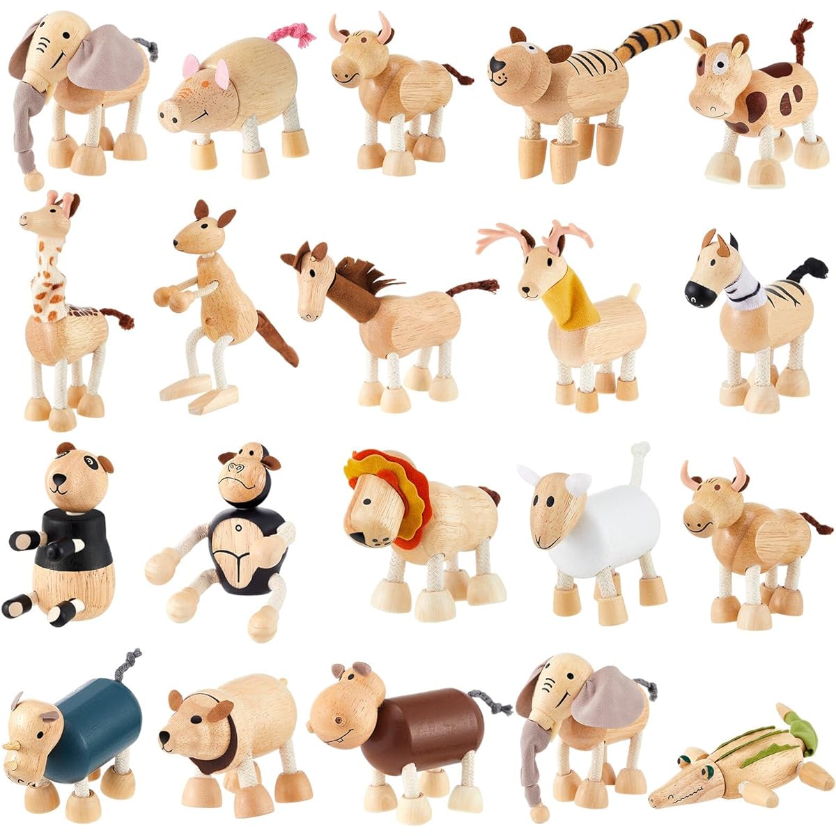 Wettarn 20Pcs Bendable Wooden Animal Toys Zoo Safari Jungle Wooden Animal Figures Toys Flexible Posable Wooden Farm Animals for Preschool Learning Home Decor